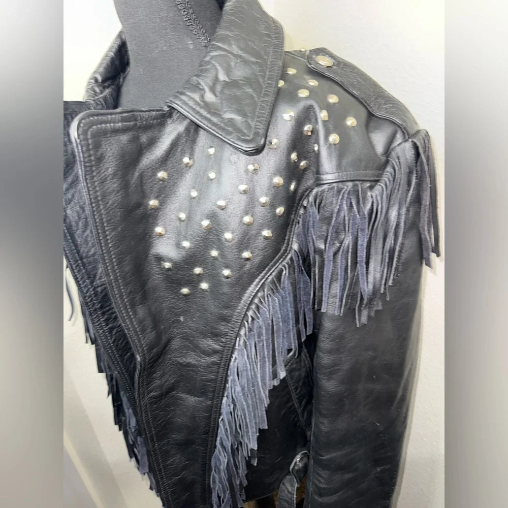 Vintage AMI London Fringe‎ Leather Jacket Studded Western Cowgirl Biker Rocker-L